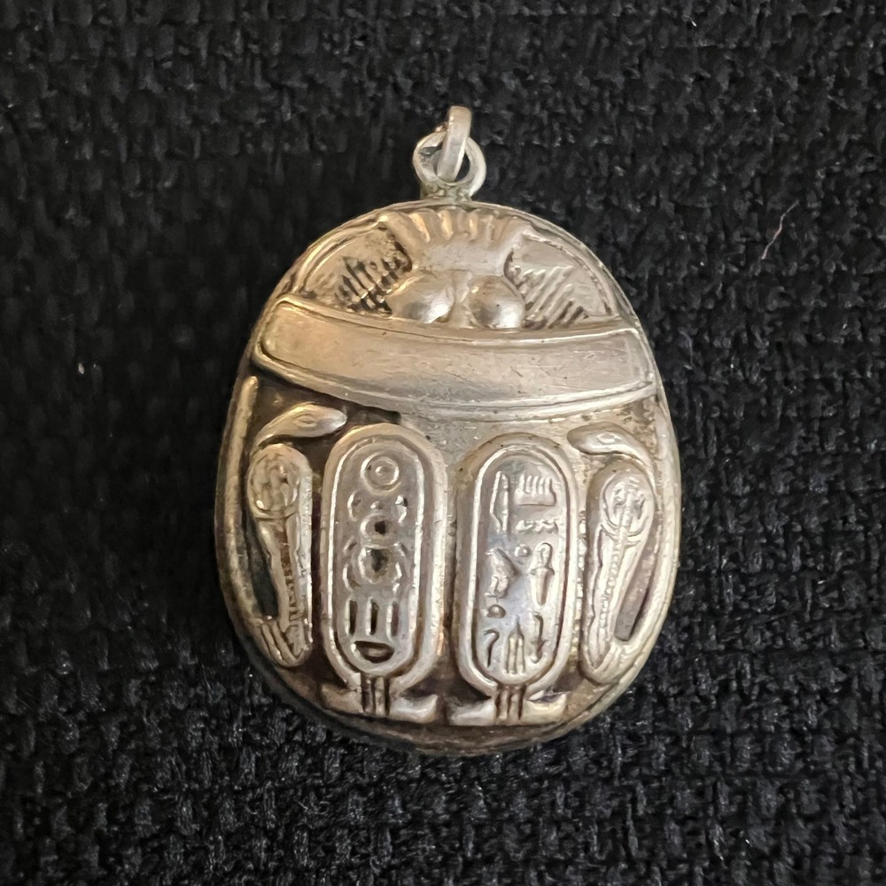 Vintage Egyptian Revival Scarab Hieroglyphic Pendant Silver Tone Dark Academia